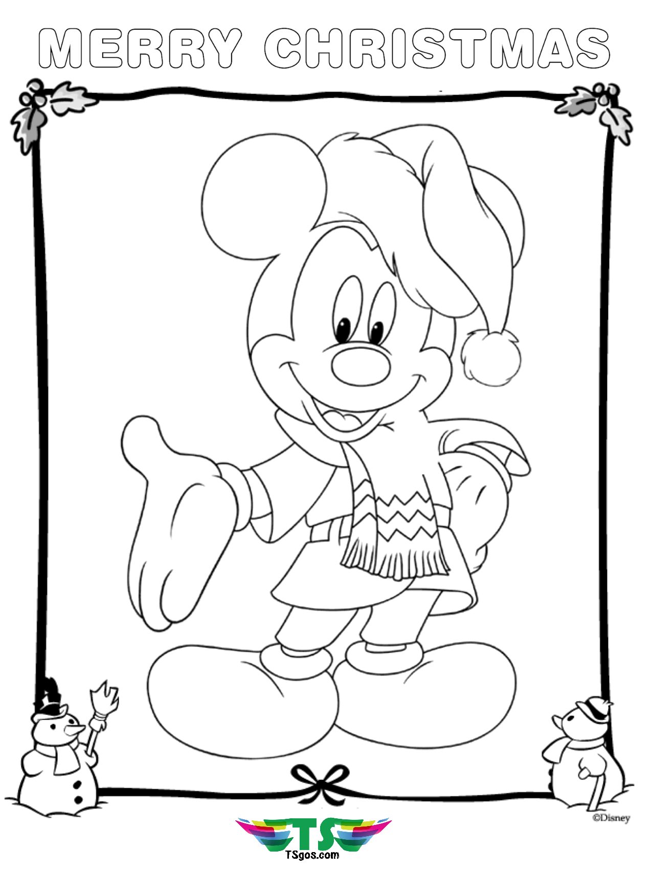 Mickey mouse merry christmas coloring page.   TSgos.com   TSgos.com