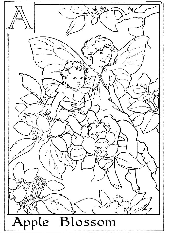 Fairy printable colouring page.  A is for Apple Blossom.