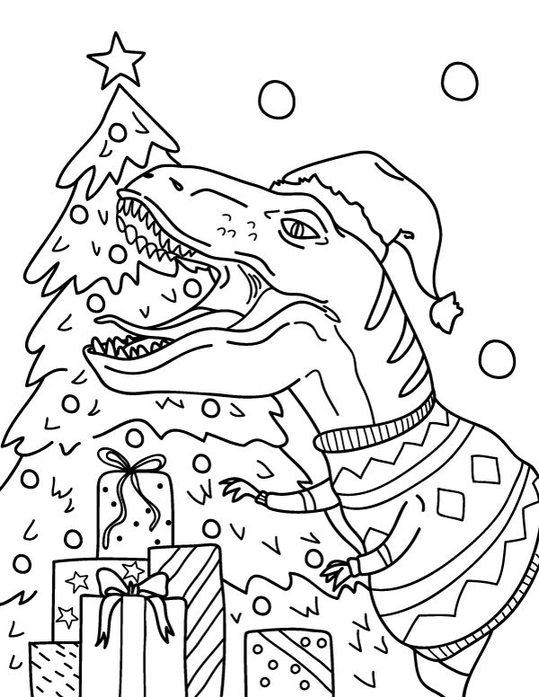 Free printable Christmas dinosaur coloring page. Download it at museprintables.c…