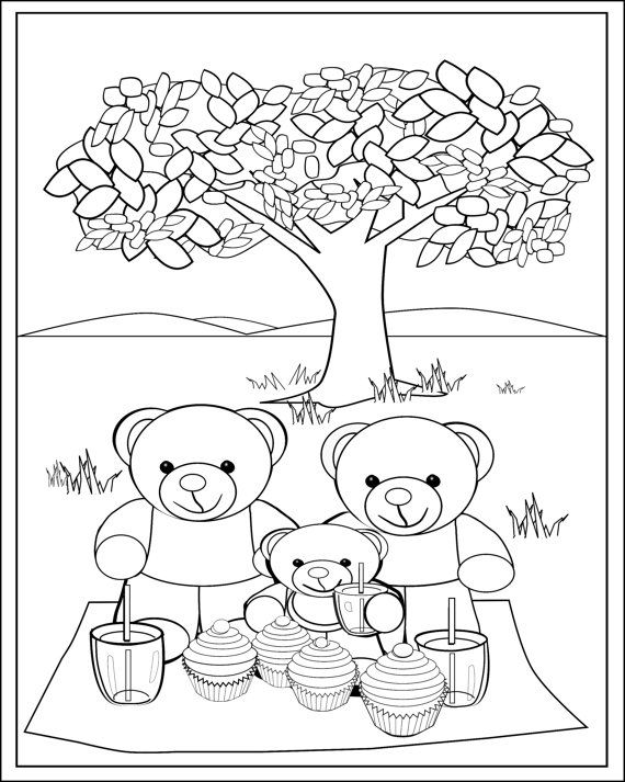 Fun-Teddy-Bear-Picnic-Colouring-Page-for-Kids.-Print-and Fun Teddy Bear Picnic Colouring Page for Kids. Print and Colour, Printable Art to Color, Teddy Bear Picture, Instant Download