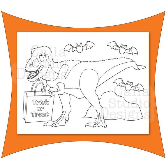 Happy Halloween Dinosaur coloring page. Even T-Rex like to Trick or Treat. Instant downloadable prin