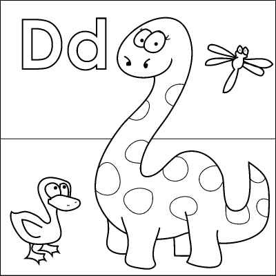 Letter D coloring page (Dinosaur, Dots, Duck, Dragonfly) from www.coloringpages….