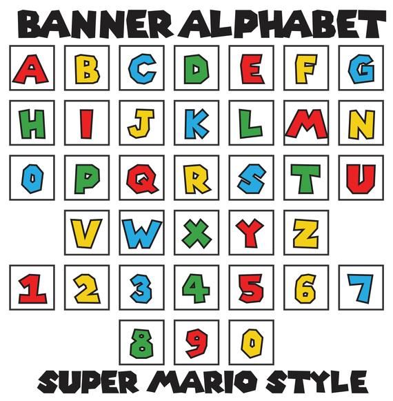 Mario style – Letters A-Z, Numbers 0-9 – Set of 36 Banner Flags 7.5″ Square – Printable PDF, Instant Download