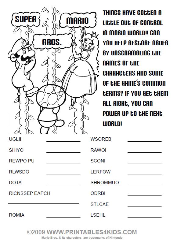Super Mario Bros Word Scramble Coloring Page : Printables for Kids – free word…