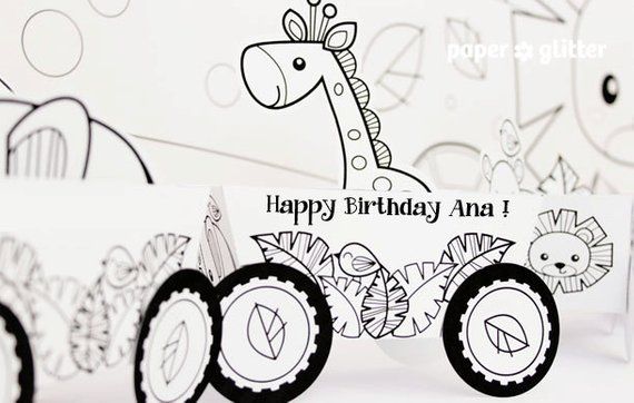 Animal Jungle Train Coloring Pages  Party Favor Box Truck &  Paper Craft Toy – Editable Text Printab