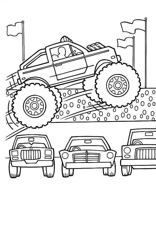 Monster-Truck-Monster-Truck-Jumps-Over-Cars-Coloring-Page Monster Truck, : Monster Truck Jumps Over Cars Coloring Page