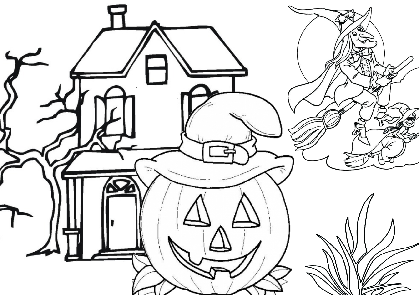 Pumpkins and flying witches halloween coloring pages.
