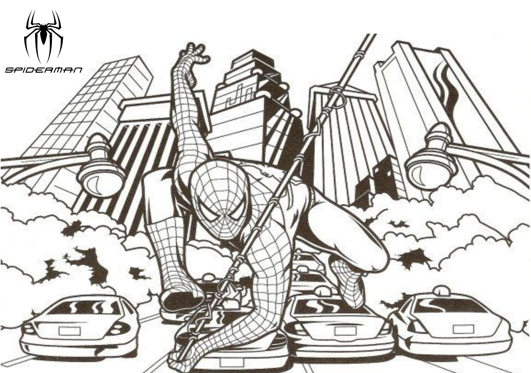 Spider man swinging through the streets of New York City, printable coloring page.