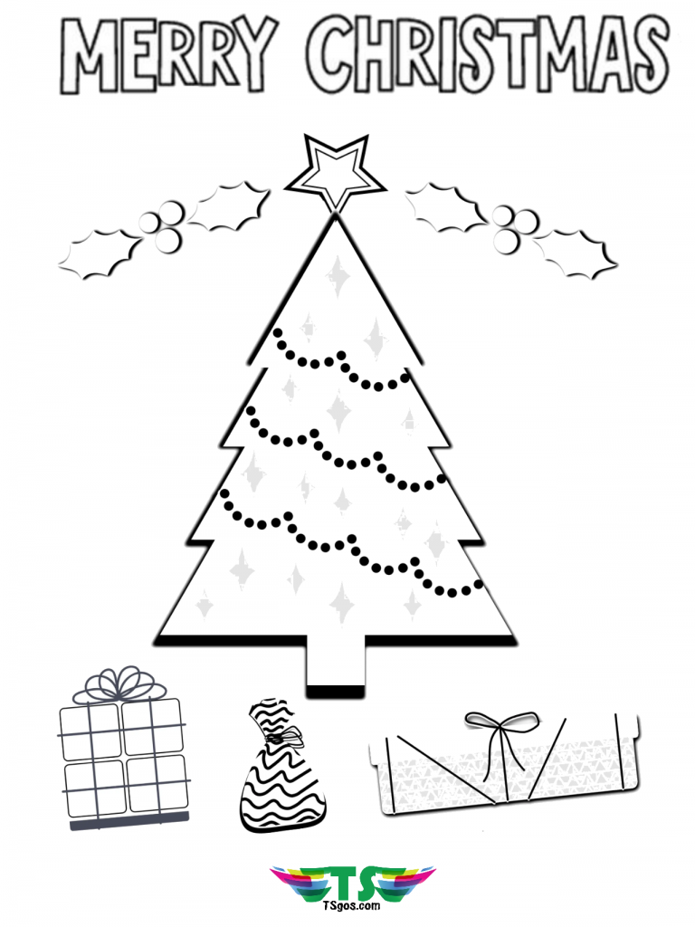 merry-christmas-tree-coloring-page-768x1024 Printable Christmas tree and gifts coloring picture.