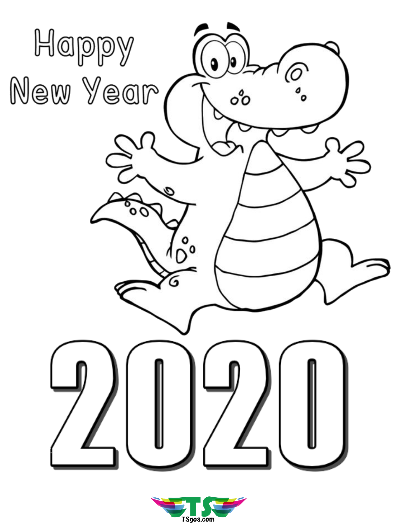 Happy New Year 2020 coloring page.