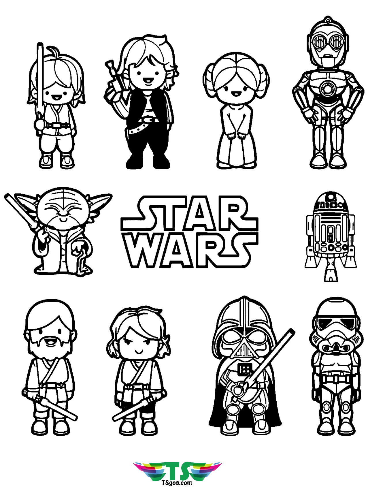 Star Wars cartoon characters coloring page.
