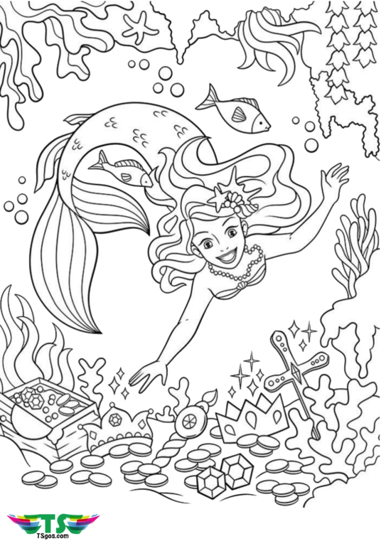 beautiful-mermaid-and-treasures-coloring-page-543x768 Beautiful mermaid and treasure coloring sheet