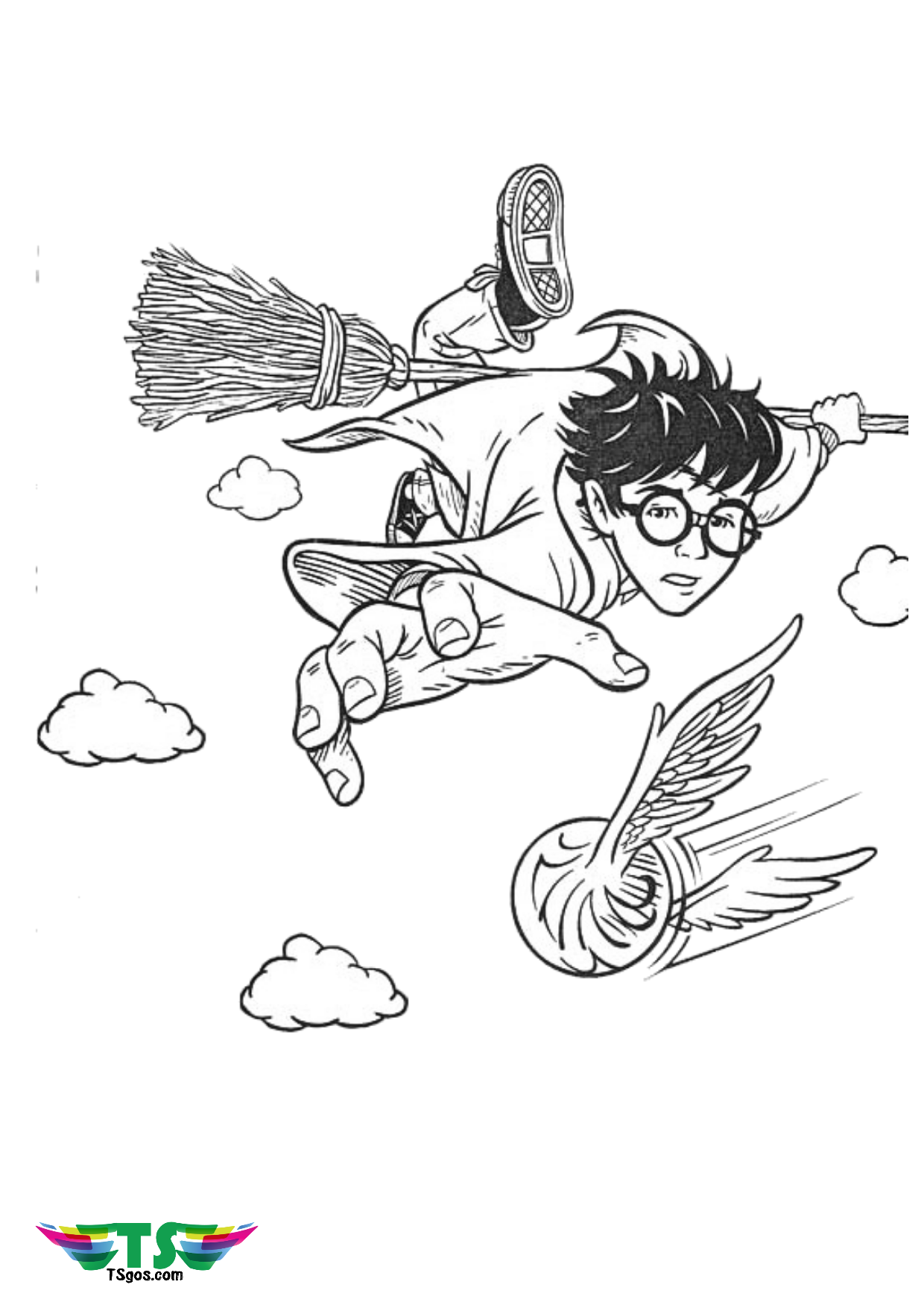 Harry Potter riding broom Nimbus and chasing Quidditch coloring