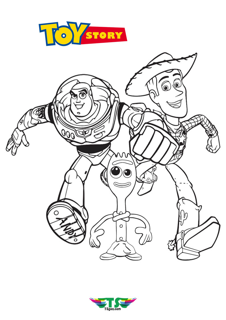 Happy Color Buzz Lightyear Woody and Forky Coloring Page Toy Story