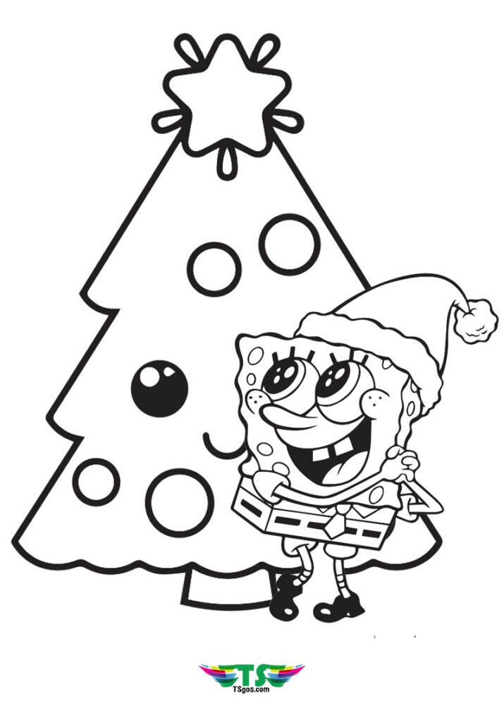 Spongebob and Christmas Tree Coloring Page - TSgos.com