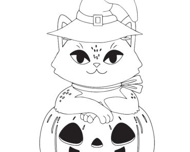 Kawaii Halloween Pumpkin and Cat Coloring Page For Kids