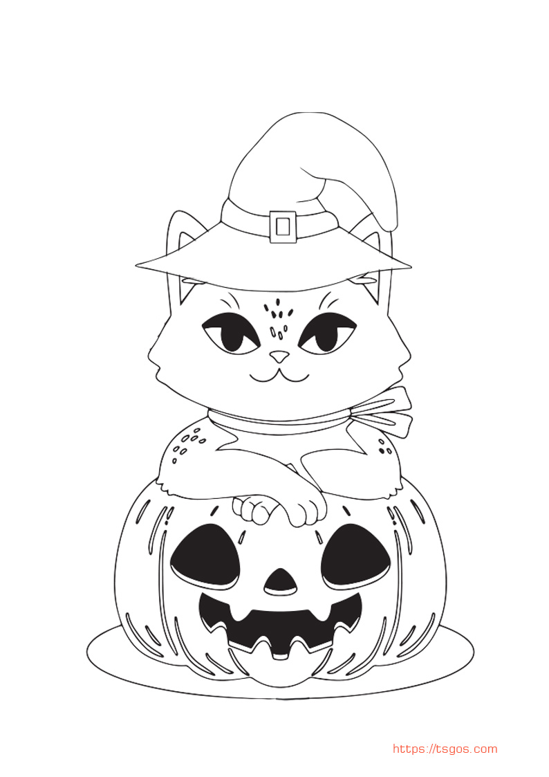 Kawaii Halloween Pumpkin and Cat Coloring Page For Kids