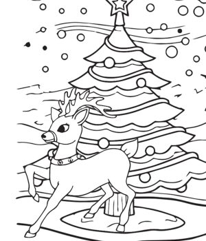 Reindeer With Christmas Tree Coloring Page For Kids