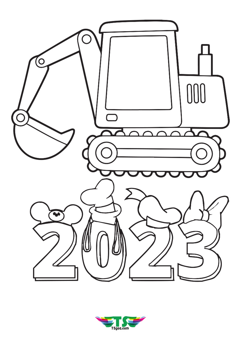 Excavator Celebration 2023 Happy New Year Coloring Page