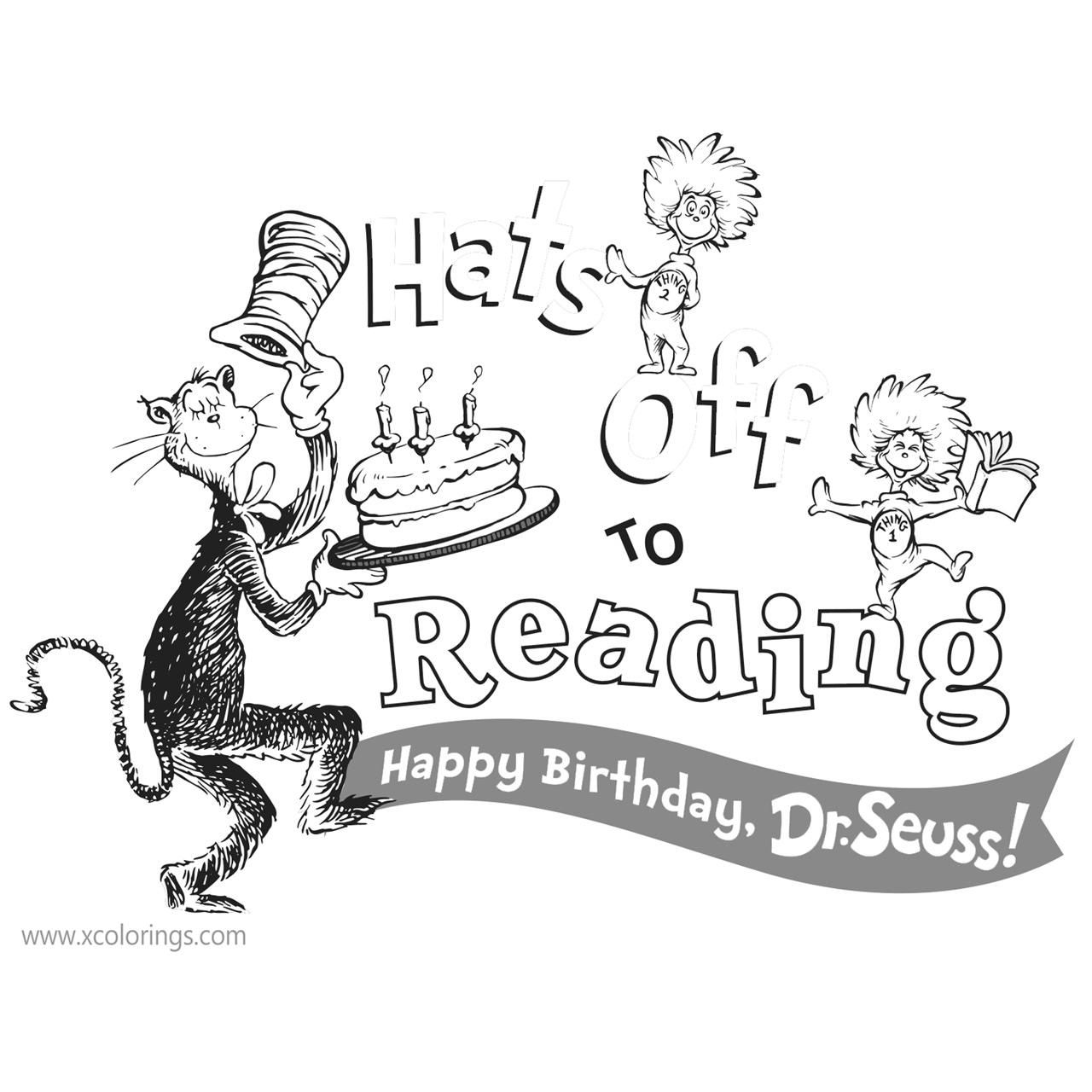 Happy Birthday Dr Seuss Coloring Pages Cat In The Hat and Thing One Ting Two - XColorings.com