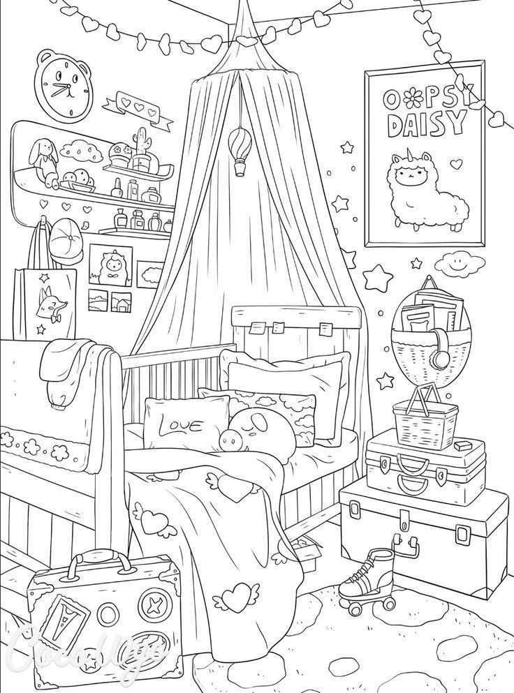 Aesthetic cozy bedroom drawing - Printable coloring page for kids and adults