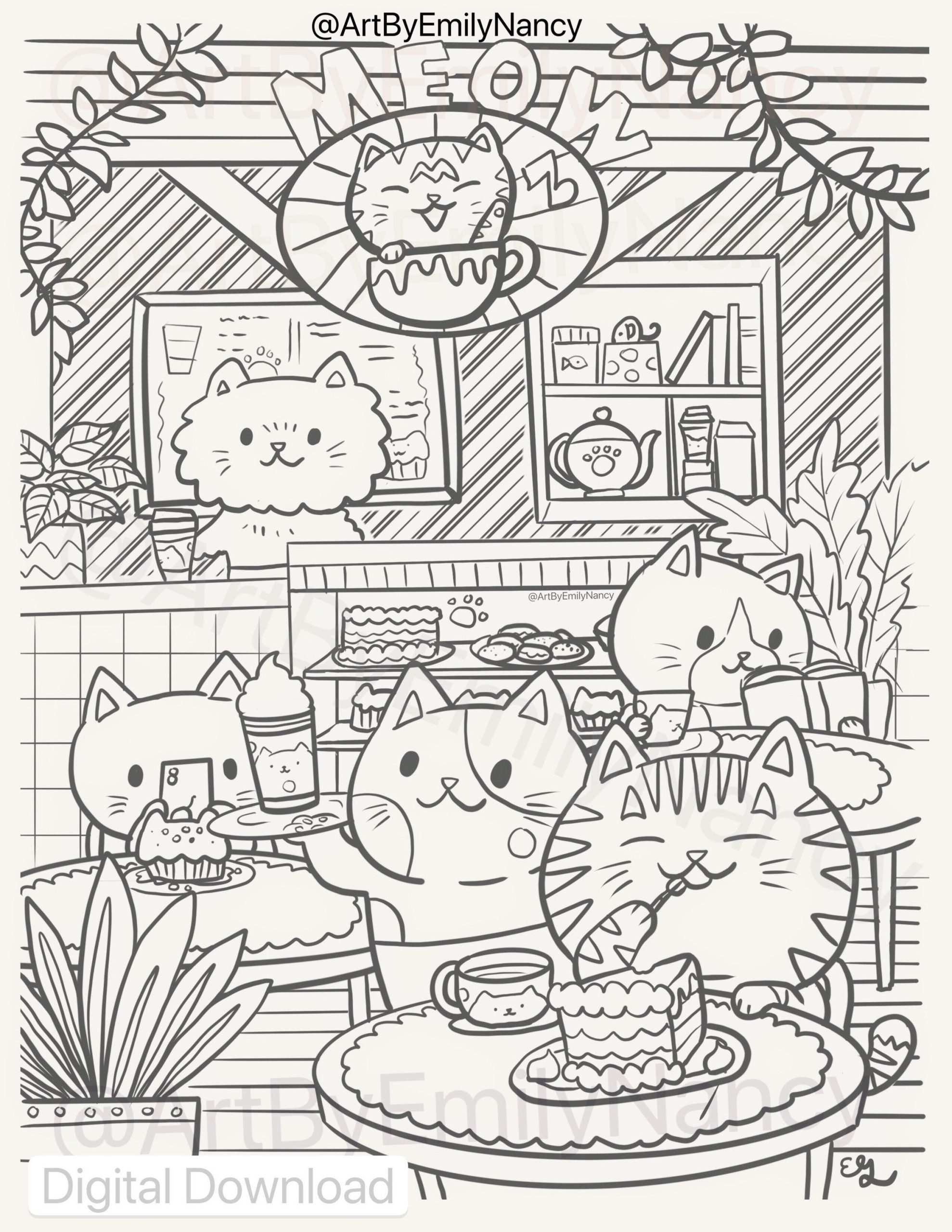 Cat Cafe: Printable Coloring Page Download