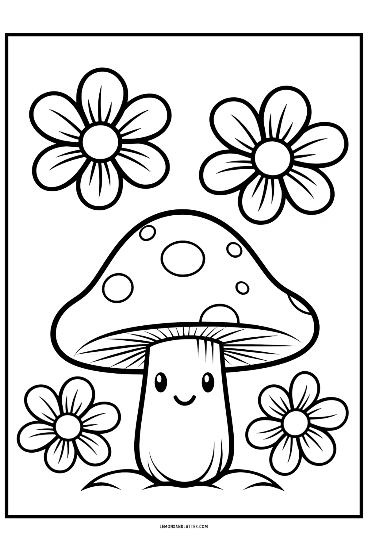 Cute Free Mushroom Coloring Page with Flowers