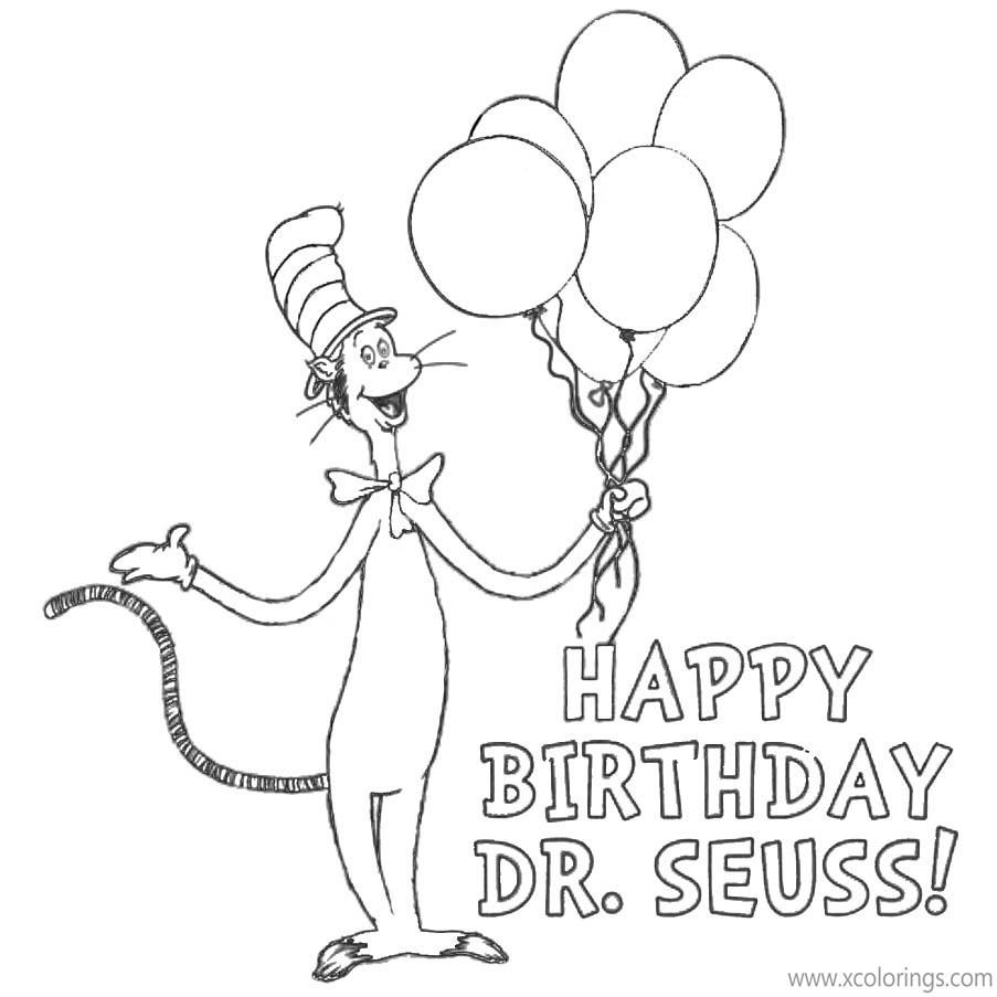 Happy Birthday Dr Seuss Coloring Pages Cat In The Hat with Balloons - XColorings.com
