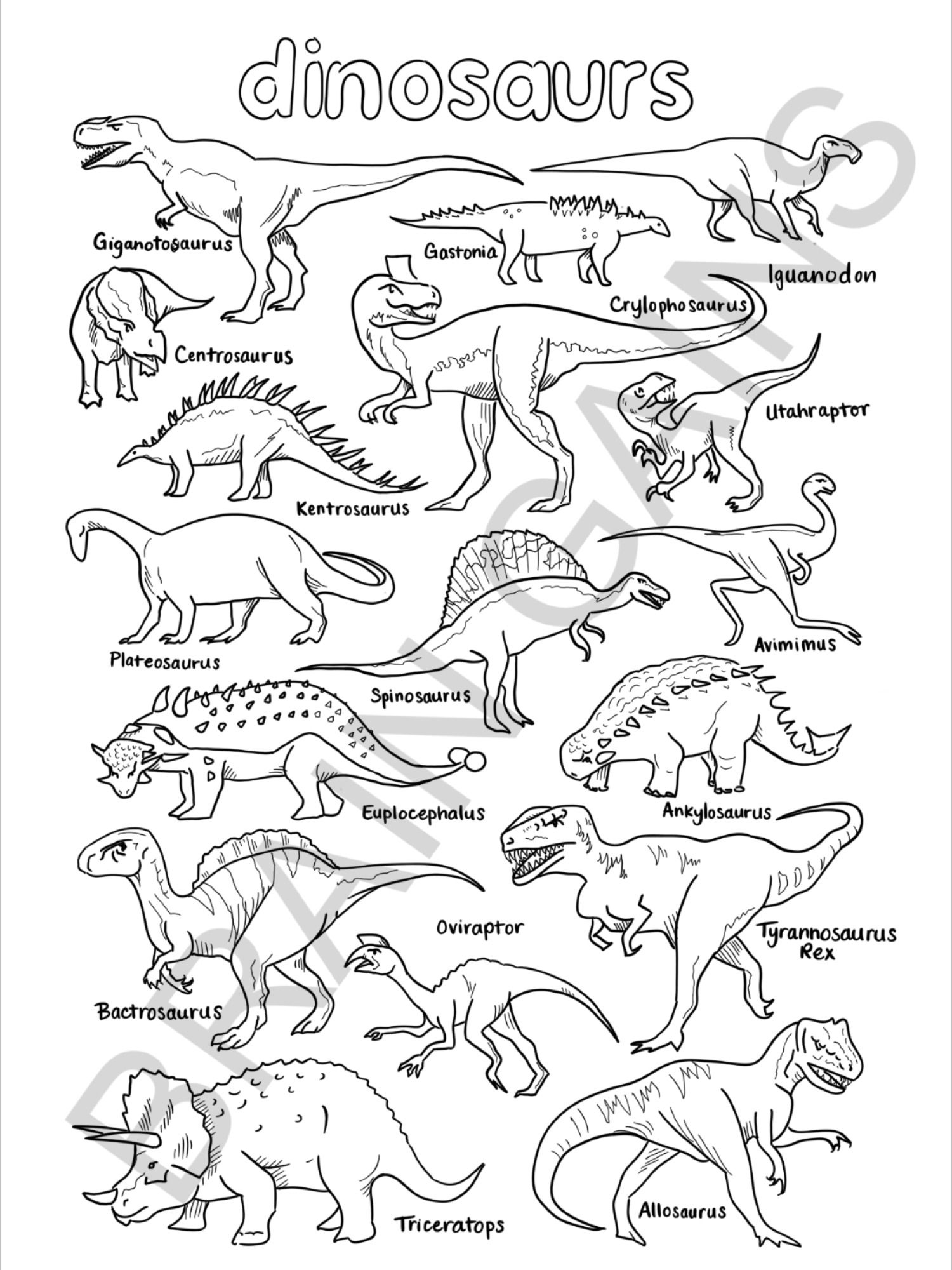 Dinosaurs Coloring Page Digital Download Printable PDF for Kids & Adults