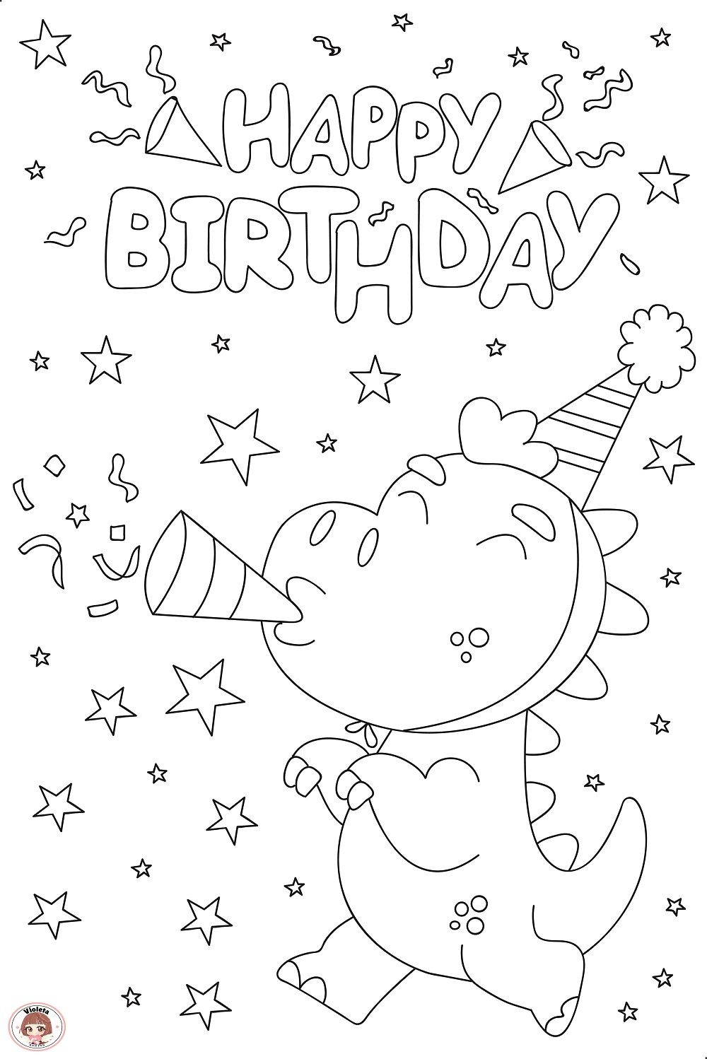 Free Printable Cute Dinosaur happy birthday Coloring Page - Fun Craft for Kids - Free Download!